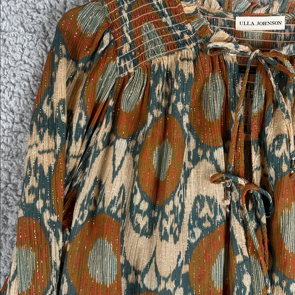 ULLA JOHNSON Long Sleeve Smocked Cuffs Double Lace Metallic Threads Size 8 - Picture 13 of 16